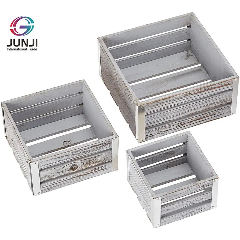Rustic  Set of 3 white washed wooden square storage containers with corner galvanized accents