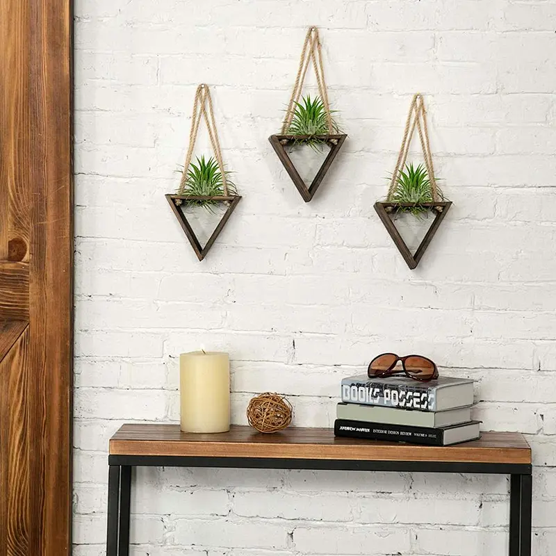 Rustic Triangle Wood Hanging Planter  Wooden Decoration Air Plants Holder with Jute Rope, Set of 3