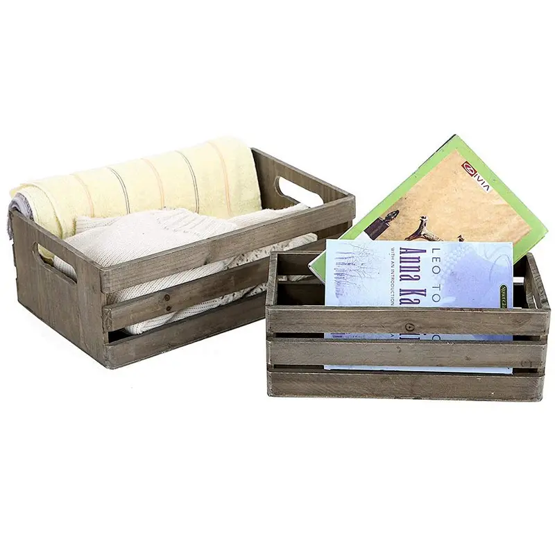Distressed Gray Wooden Crate Nesting Boxes, Storage Crates w/Handles, Set of 2