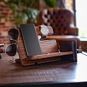 Mens wood phone docking station desk mobile phone holder wood phone docking station wireless charge