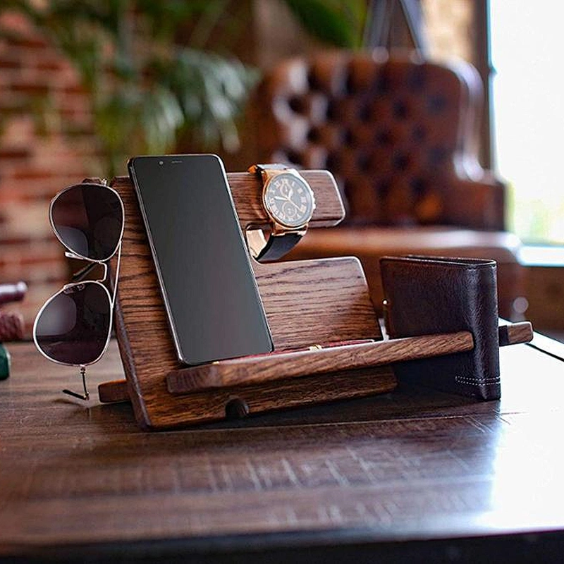 Mens wood phone docking station desk mobile phone holder wood phone docking station wireless charge