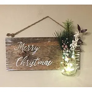 Rustic Snowy Christmas Wood Sign Mason Jar Floral Accent Farmhouse Wall Decor