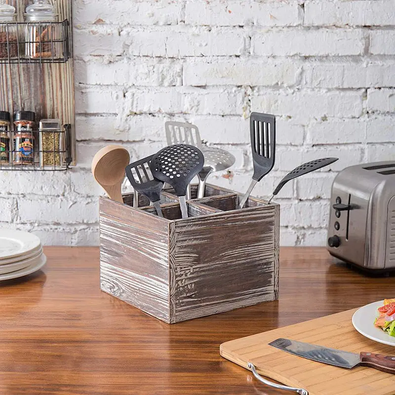 Rustic Torched Wood Kitchen Cooking Utensil Holder, 4-Compartment Flatware Caddy Box
