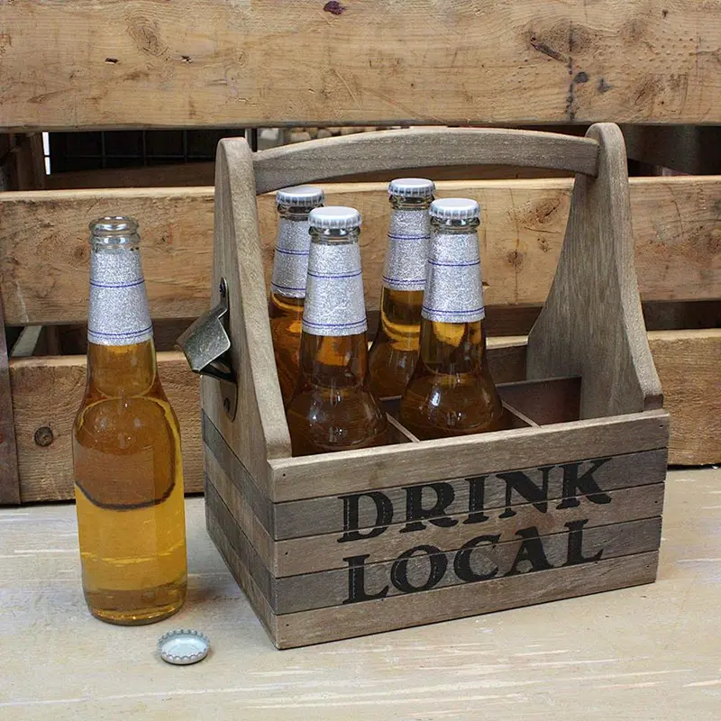 Stonebriar Wooden Drink Local Beer Caddy with Handle and Metal Bottle Opener, Large, Brown