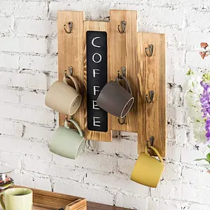 9-Hook Torched Wood Wall-Mounted Coffee Mug Rack with Chalkboard