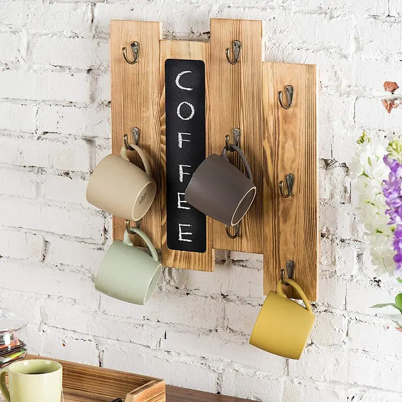 9-Hook Torched Wood Wall-Mounted Coffee Mug Rack with Chalkboard