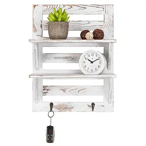 Rustic Whitewashed Wood Wall-Mounted Shelf Rack with Key Hooks