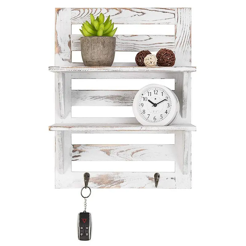 Rustic Whitewashed Wood Wall-Mounted Shelf Rack with Key Hooks