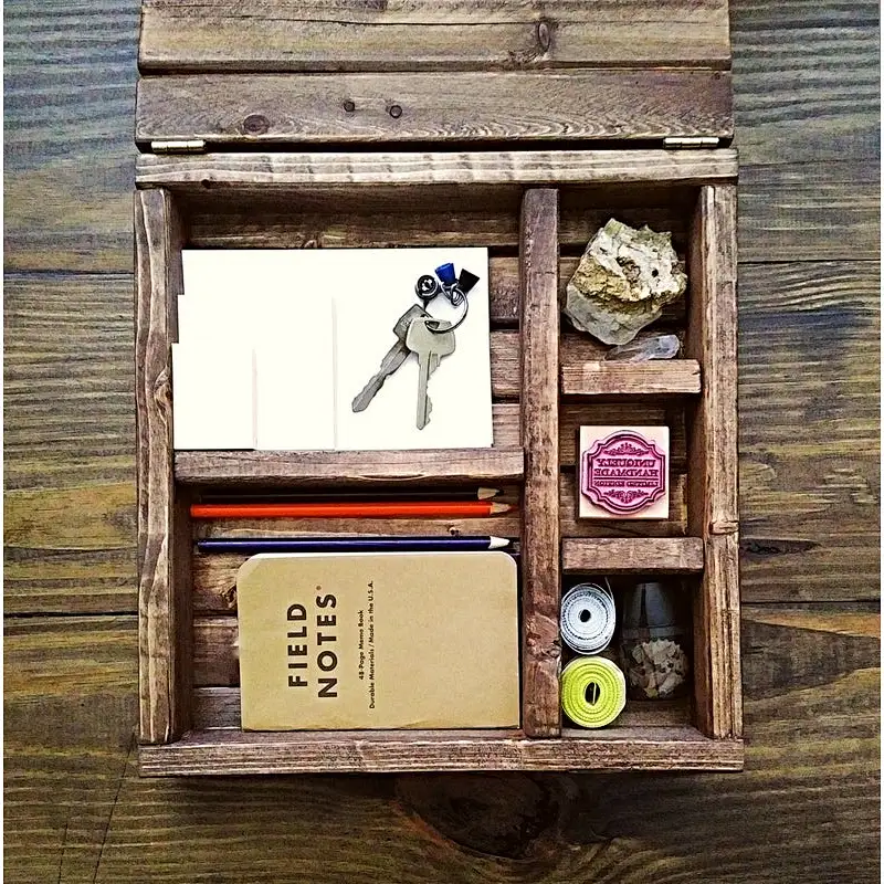 Rustic Wooden Box with 5 Sections - Storage Box, Flat Jewelry Box, Small Keepsake Case