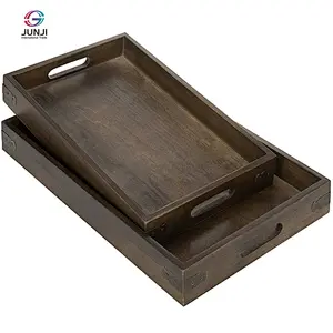 Rustic brown wooden nested breakfast tray with handle, 2 pieces