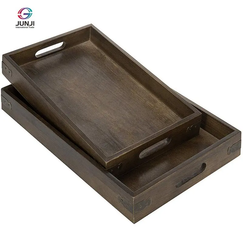 Rustic brown wooden nested breakfast tray with handle, 2 pieces