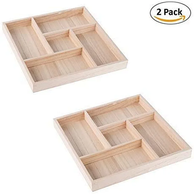 Five Sections Wooden Tray - Square Wood Serving Tray with Five Unique Designed Compartments