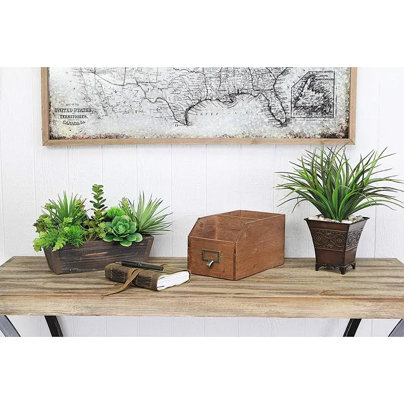 Desk Wooden Organizational Box with 2 Storage Compartments and Label Slot