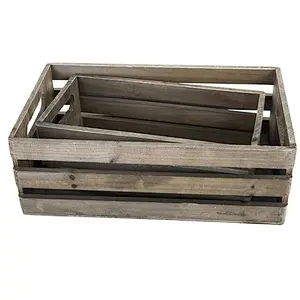 Distressed Gray Wooden Crate Nesting Boxes, Storage Crates w/Handles, Set of 2