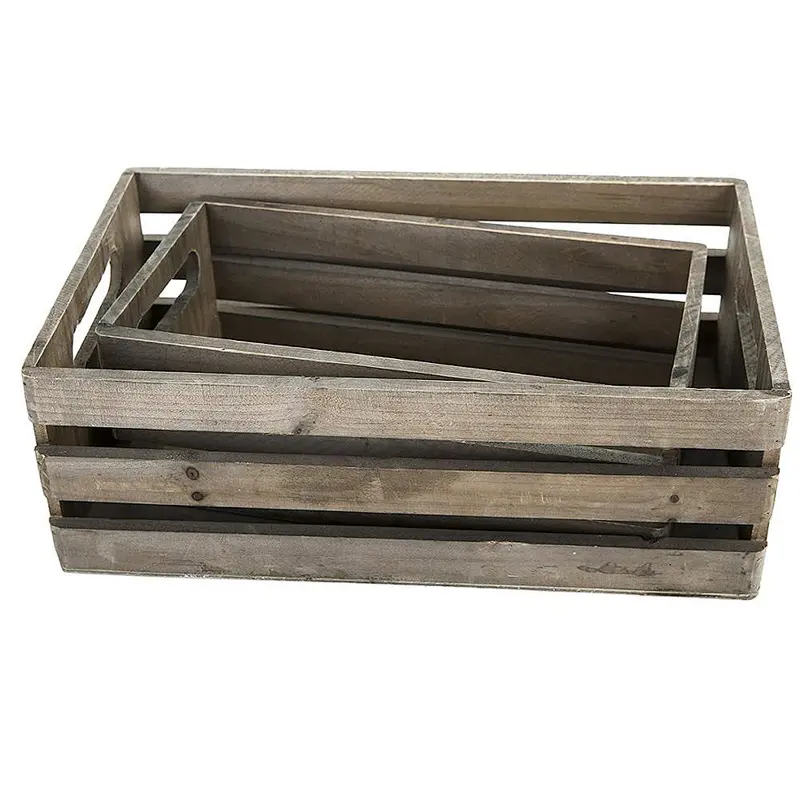 Distressed Gray Wooden Crate Nesting Boxes, Storage Crates w/Handles, Set of 2