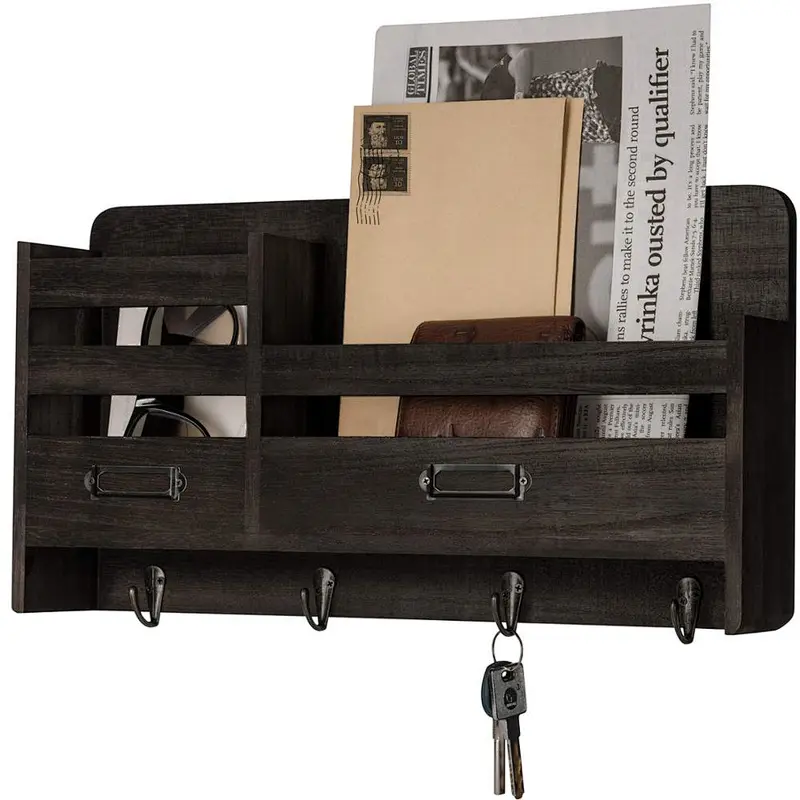 Mail Sorter Organizer Wood Key Holder Organizer for Wall, Rustic 2-Slot Wall Mail Holder with Tags Frame & 4 Key Hook Rack