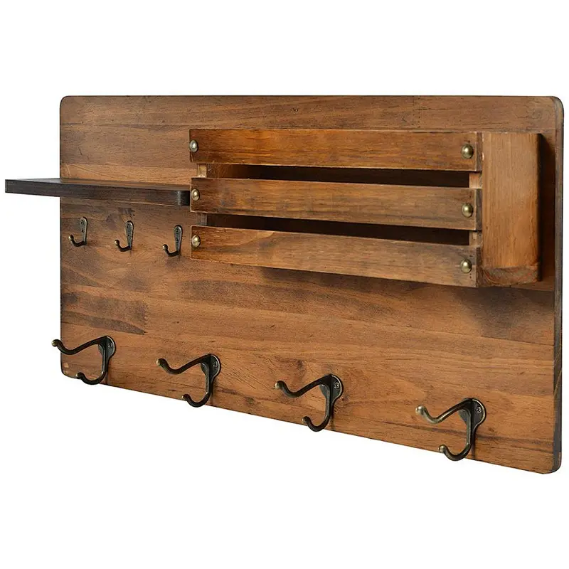 Wall Mounted Coat Rack Shelf Entryway Organizer with Key Hook and Mail Slot - Rustic Farmhouse Decor Solid Pine Wood