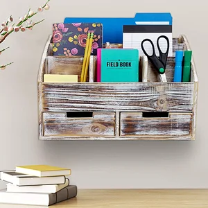 Vintage Rustic Wooden Office Desk Organizer & Mail Rack for Desktop Tabletop  or Counter   Distressed Torched Wood