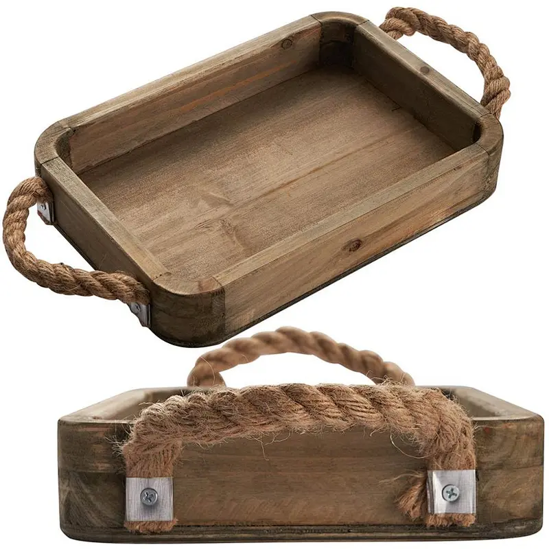 Wood Serving Tray with Jute Rope Handle Vintage Rustic Farmhouse Wooden Breakfast Tray