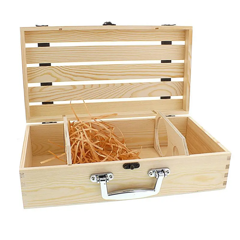 wine wooden box single gifts with lid box wooden wine  Design Natural Pine Wood Crate Two Wine Bottles Travel Storage Gift Box