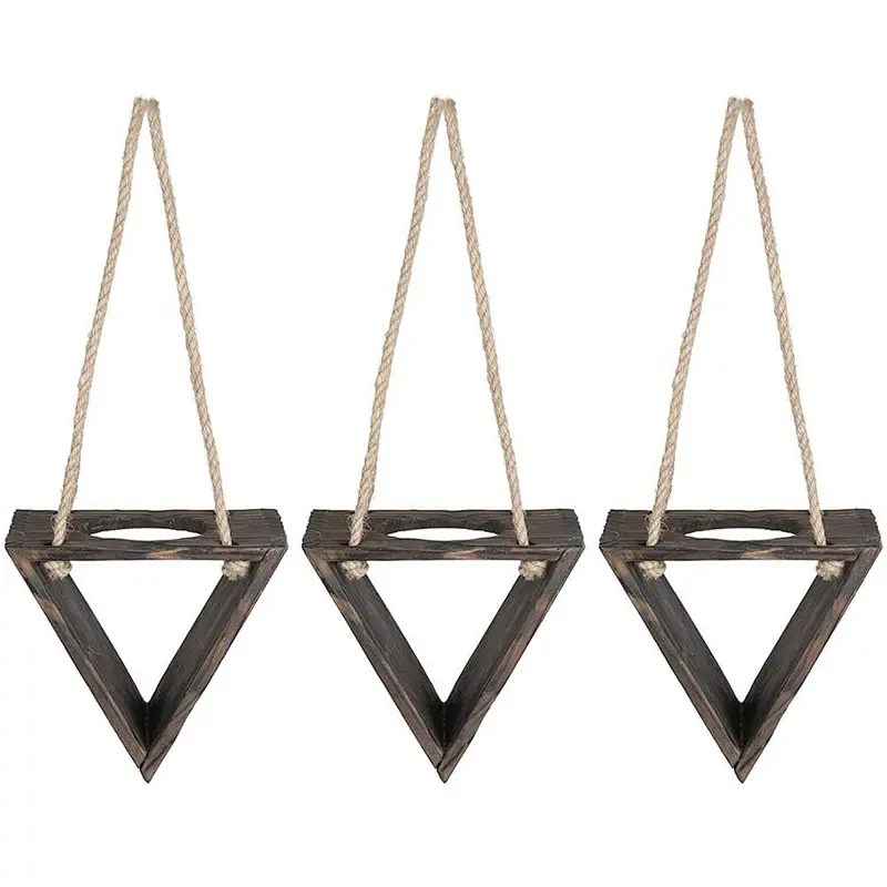 Rustic Triangle Wood Hanging Planter  Wooden Decoration Air Plants Holder with Jute Rope, Set of 3