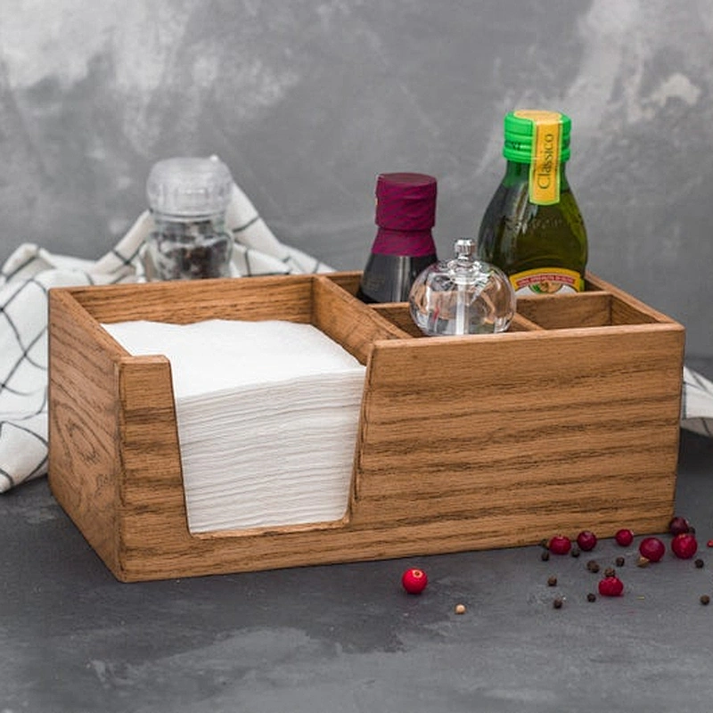 Utensil caddy napkin holder with salt and pedder storage wood box
