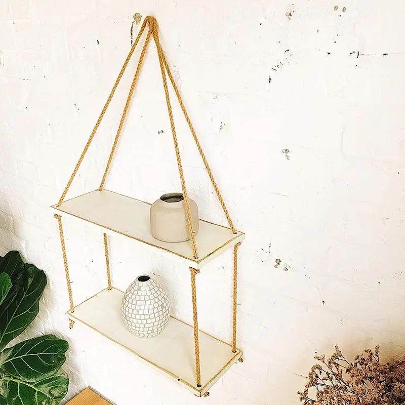 ASLINY Rustic Floating Corner Shelves Wall Mounted, 2 Tier Wood Storage Shelf Handmade (Distressed White)