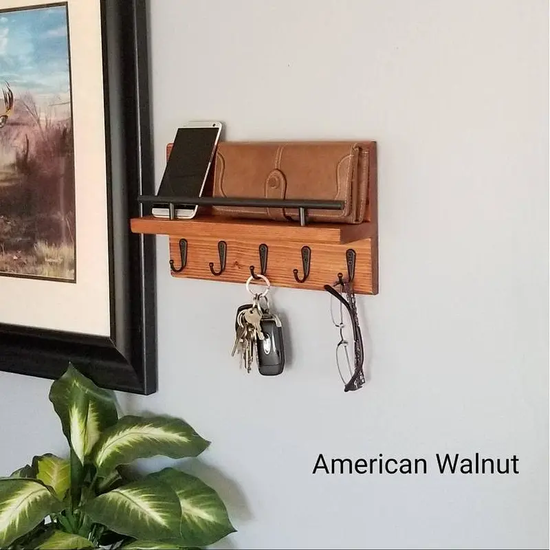 Entryway Organizer Key and Mail Shelf with Hooks, Rustic Home Decor Organizer, Multiple Key Holder