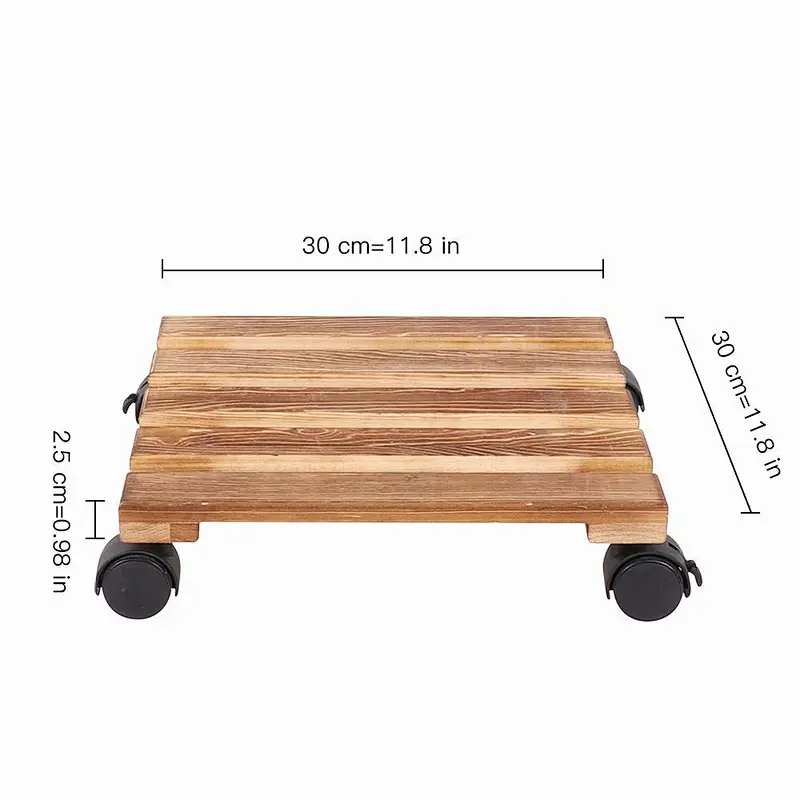 Square Natural Wood Plant Pot Caddy Dolly, Sturdy Planter Flower Stand Rolling Mover with Locking Wheels for Outdoor Indoor