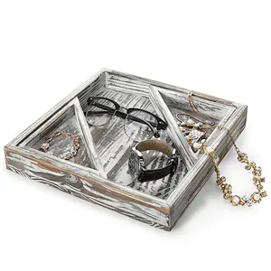 Torched Wood Decorative Storage Tray with 2 Removable Dividers, 10 x 10-inch   Storage Tray