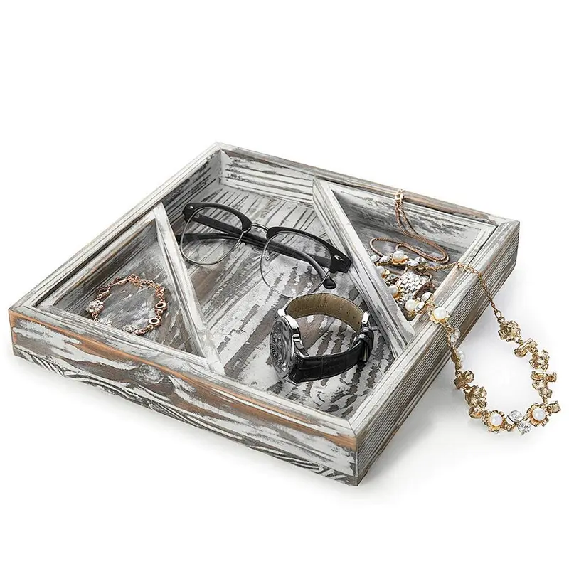 Torched Wood Decorative Storage Tray with 2 Removable Dividers, 10 x 10-inch   Storage Tray