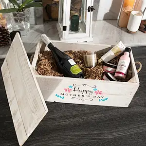Wooden Hamper custom Gift Box with lid & rope handles - Floral Logo Small  wooden Crate
