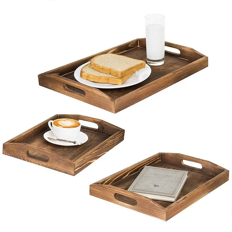 Nesting Burnt Wood Serving Trays with Cutout Handles, Set of 3