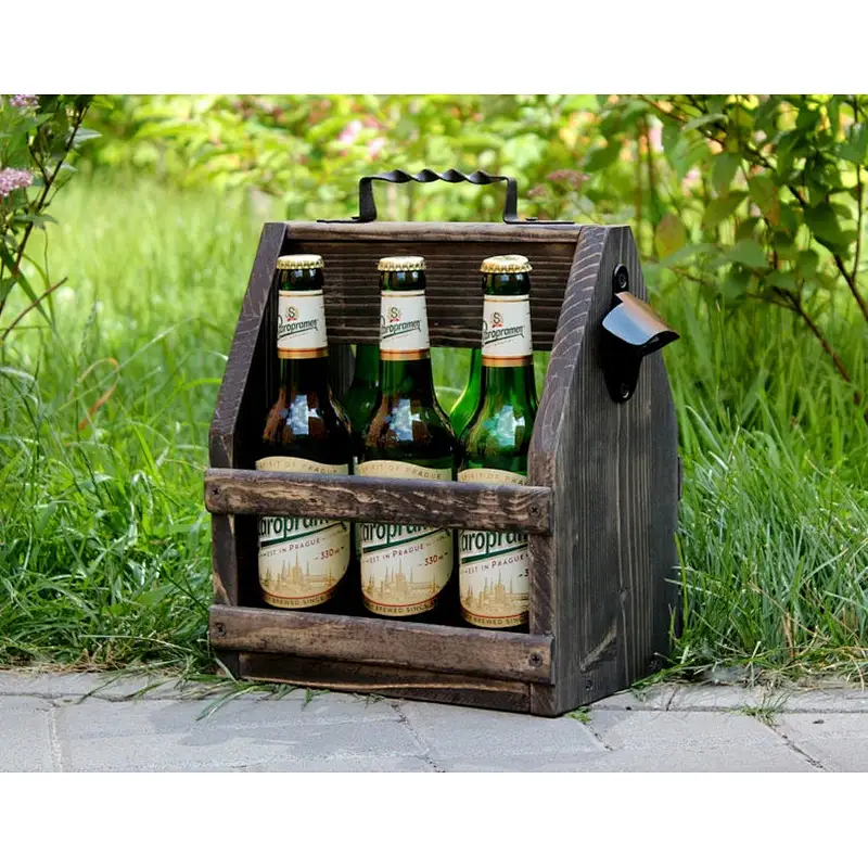JUNJI Wooden box- Wine Bottle tote- Bar Decor-Beer holder, Wooden Beer Tote