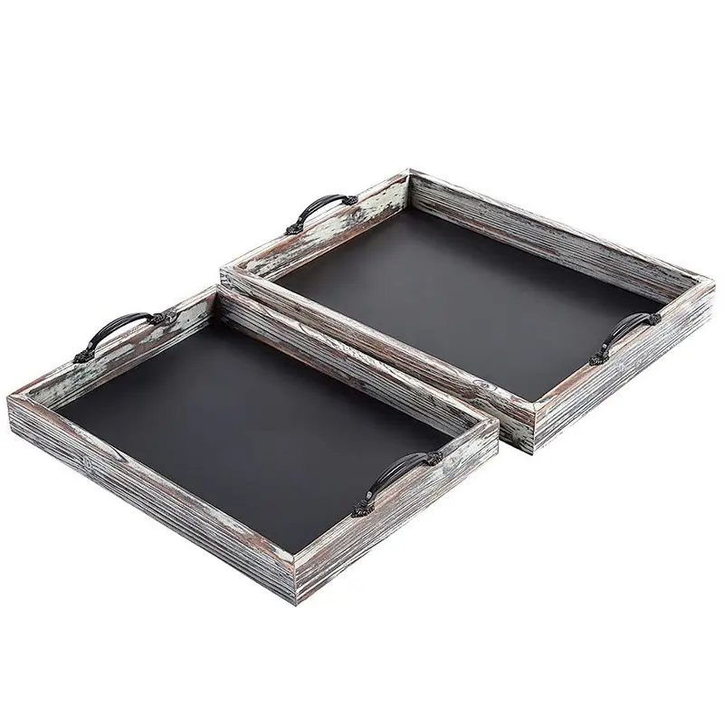 Rustic Style Wood Chalkboard Surface Nesting Breakfast with Decorative HandlesServing Trays