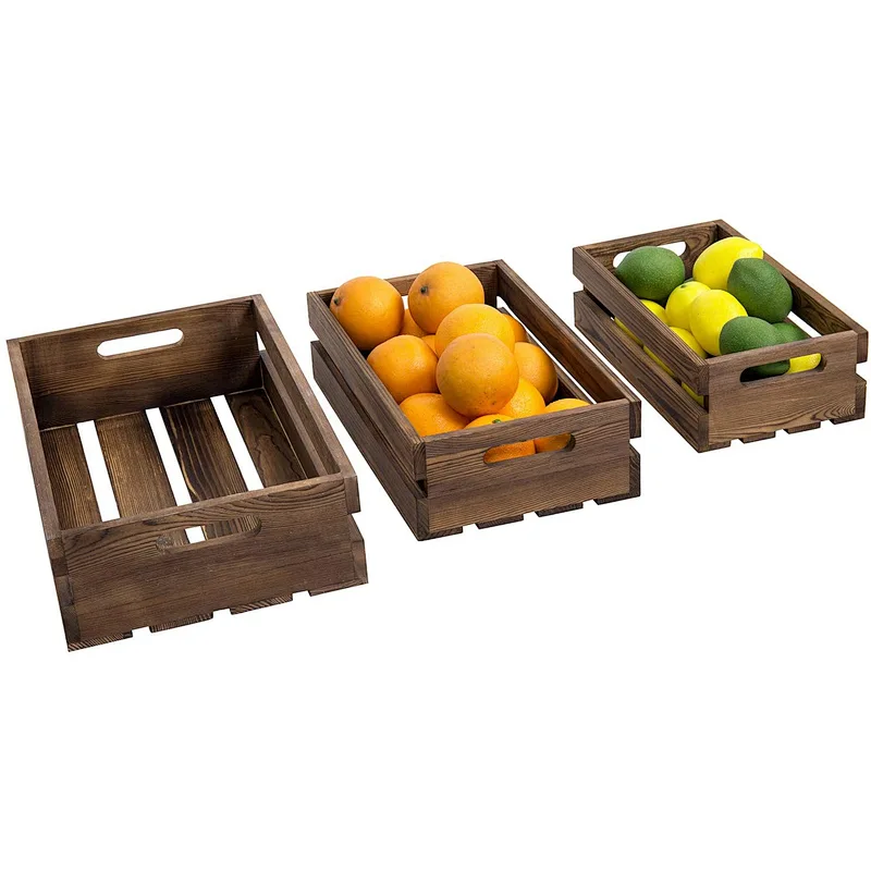 MyGift Rustic Brown Wood Decorative Nesting Storage Crates with Handles, Set of 3