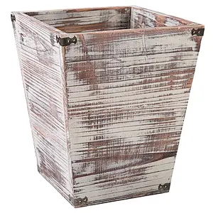 Farmhouse Style Torched Wood Square Wastebasket Bin with Decorative Metal Brackets