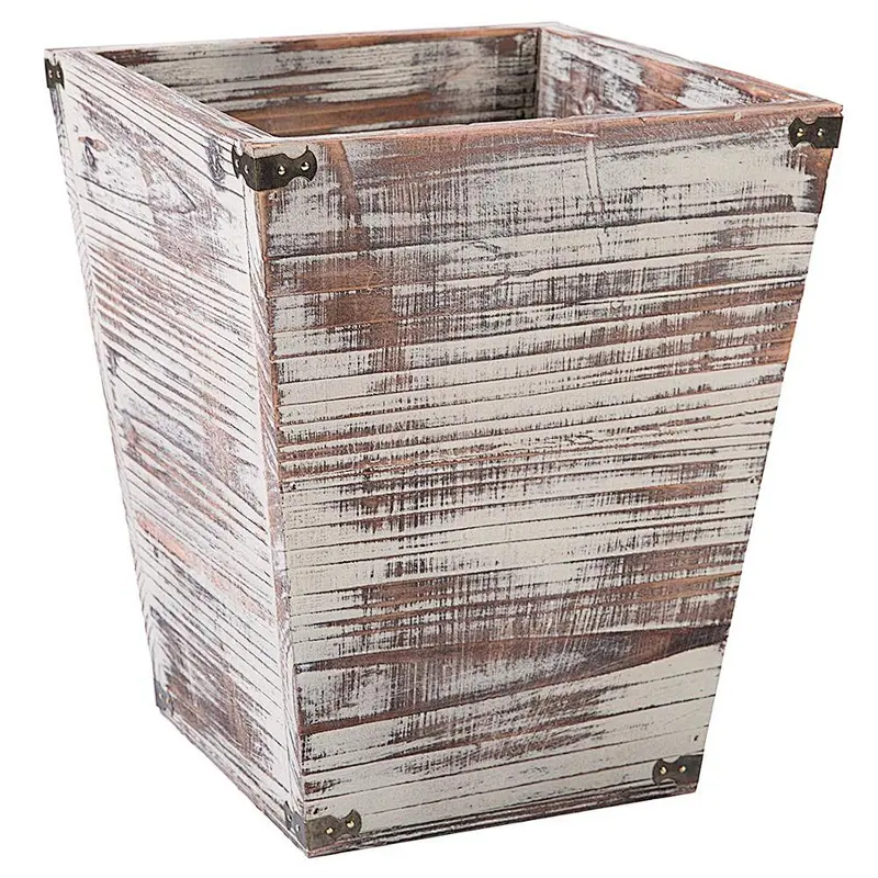 Farmhouse Style Torched Wood Square Wastebasket Bin with Decorative Metal Brackets