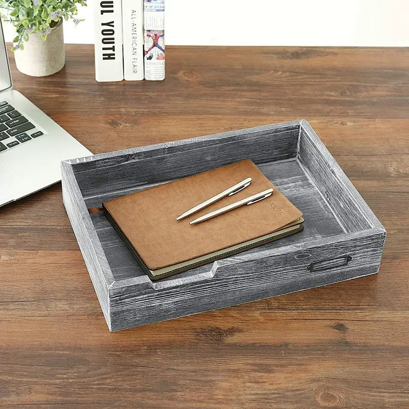 Gray wooden serving tray Wooden Tray With Metal Handle Wooden Trays For Decoration Wood Dinner Plate Tray Bread