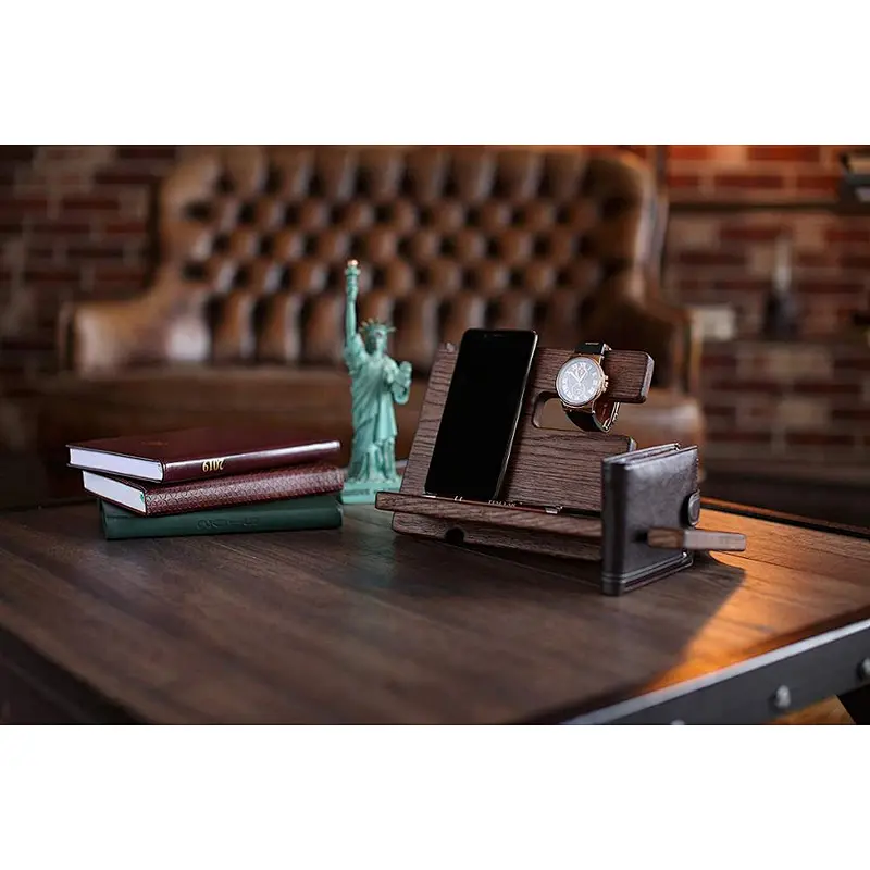 Mens wood phone docking station desk mobile phone holder wood phone docking station wireless charge