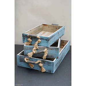 3 Blue Wood Trays Rope Handles, Coastal Decor
