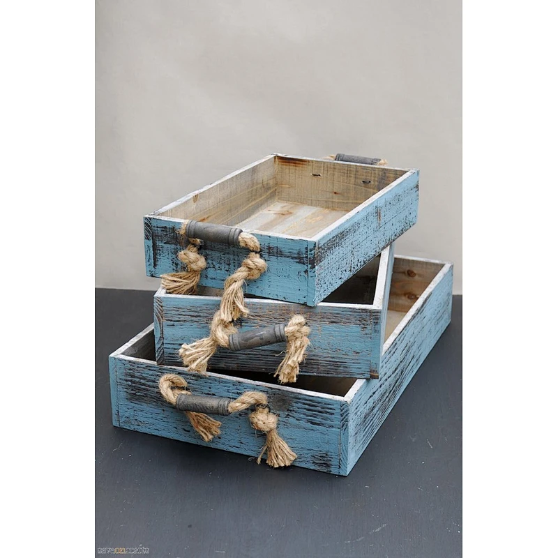 3 Blue Wood Trays Rope Handles, Coastal Decor