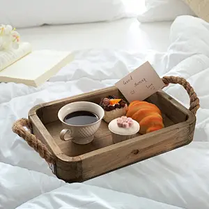 Wood Serving Tray with Jute Rope Handle Vintage Rustic Farmhouse Wooden Breakfast Tray