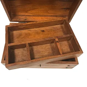 Vintage Traveling Mango & Teak Wood Chest including Travel Accessories For Sale