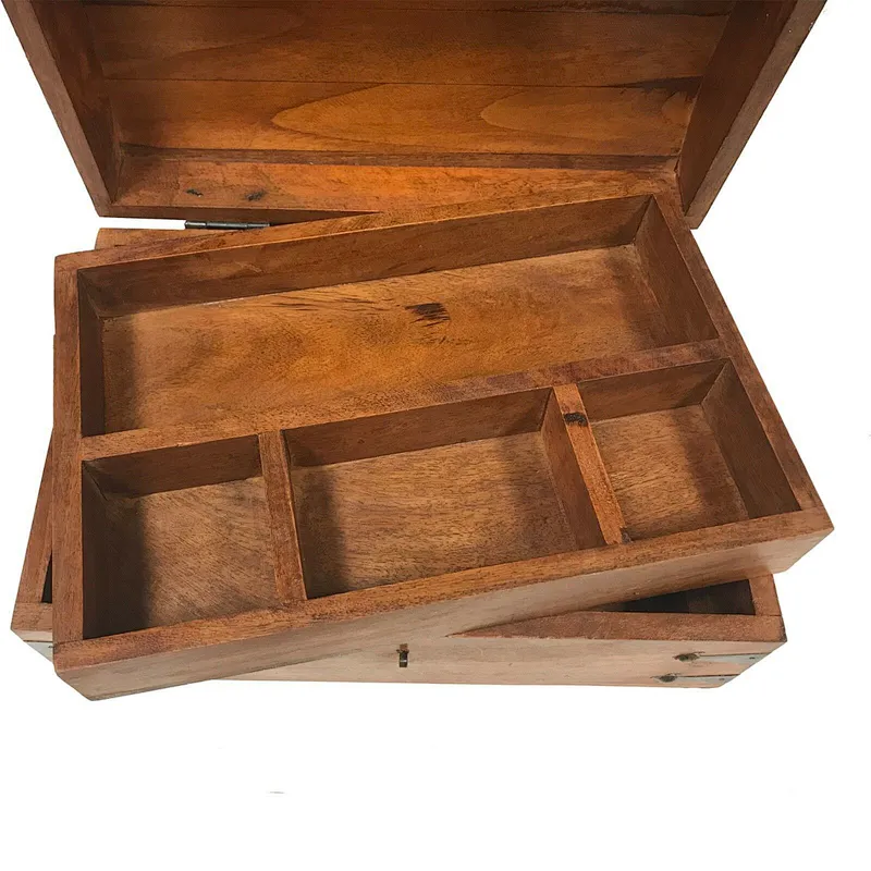 Vintage Traveling Mango & Teak Wood Chest including Travel Accessories For Sale