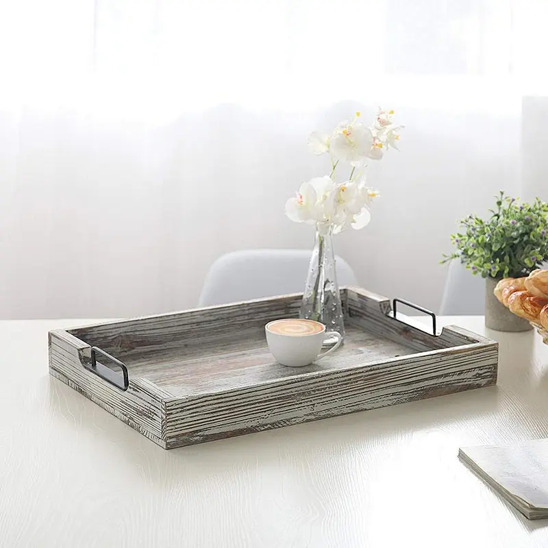Distressed Torched Wood 20-Inch Serving Tray with Modern Black Metal Handles
