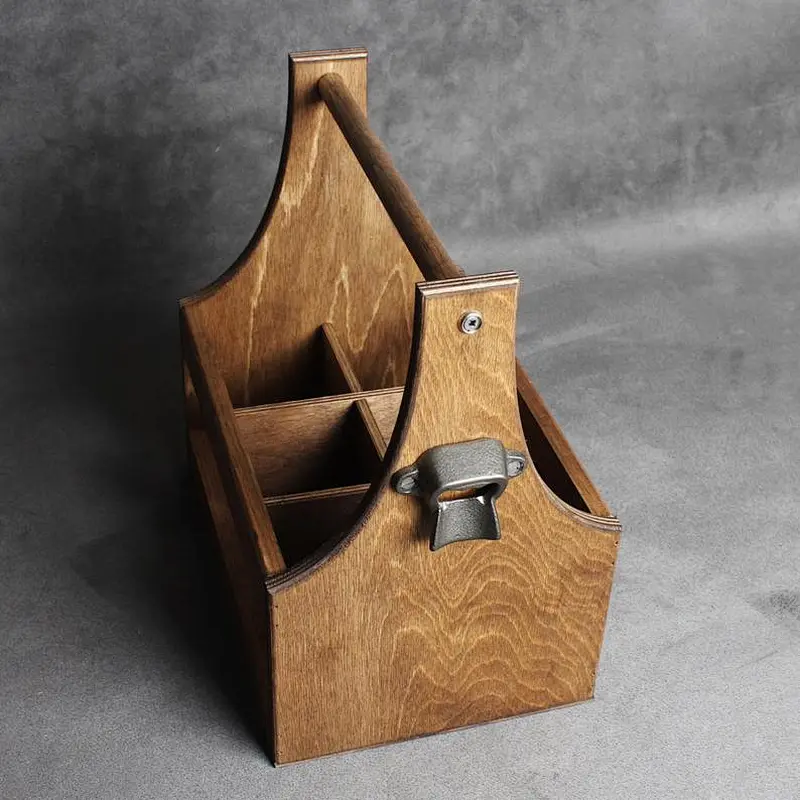 6 x Bottle Vintage Wooden Beer Carrier Holder + Cast Iron Bottle Opener - 5th/6th Anniversary Christmas Man Dad Men Fathers Day