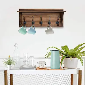Rustic Wall Mounted Coat Rack Shelf - Brown Wooden Country Style 24