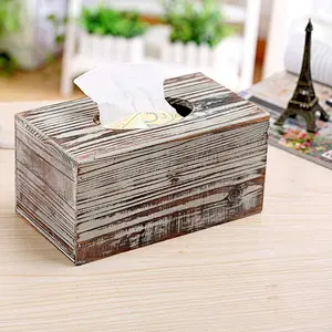 Decorative Rustic Torched Wood Rectangular Facial Tissue Box Cover Holder