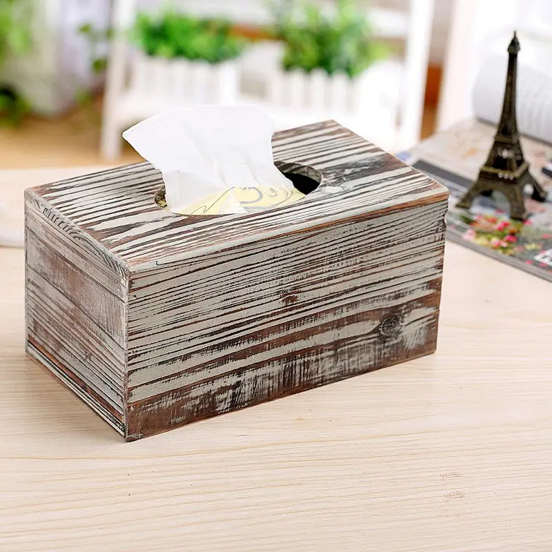 Decorative Rustic Torched Wood Rectangular Facial Tissue Box Cover Holder
